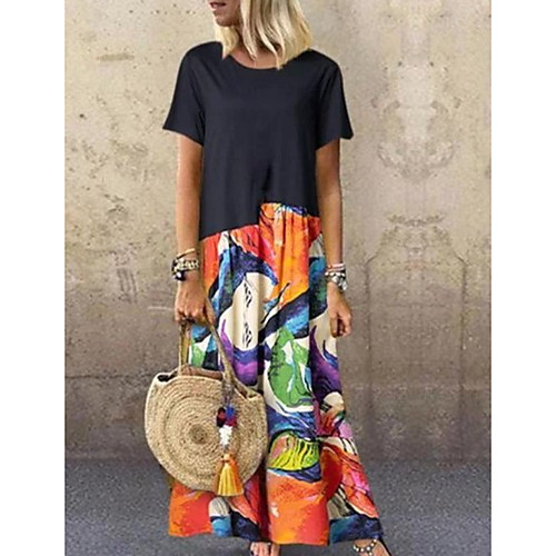 

Women's Shift Dress Maxi long Dress Black Short Sleeve Print Color Block Summer Round Neck Casual Mumu 2021 S M L XL XXL 3XL 4XL 5XL