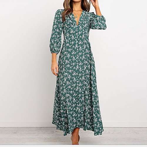 

Women's Swing Dress - Long Sleeve Geometric V Neck Green Navy Blue S M L XL