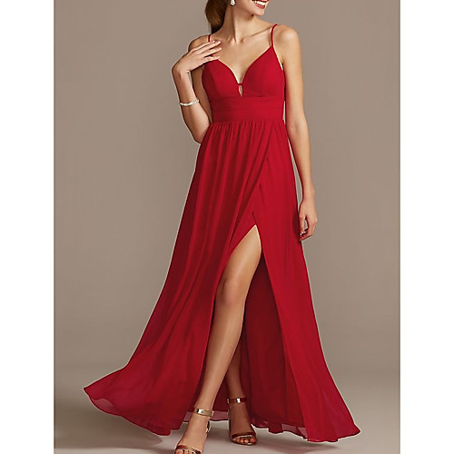 

Sheath / Column Elegant Holiday Prom Dress Spaghetti Strap Sleeveless Floor Length Satin with Pleats Split 2021