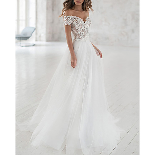 

A-Line Wedding Dresses Off Shoulder Sweep / Brush Train Lace Tulle Short Sleeve Beach Boho Sexy See-Through with Embroidery 2020