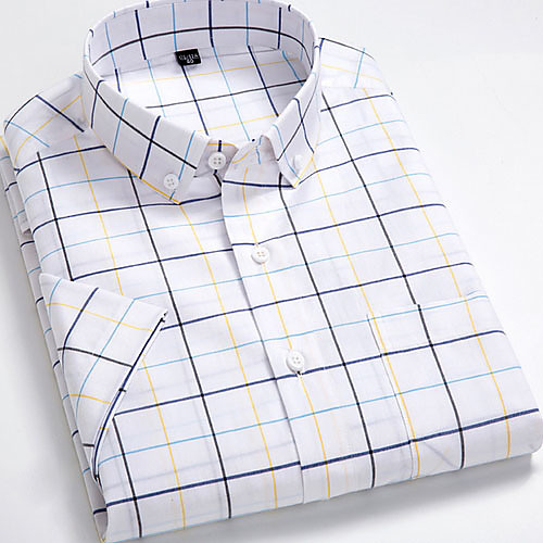 

Men's Plaid Print Shirt - Cotton Daily Button Down Collar White / Short Sleeve