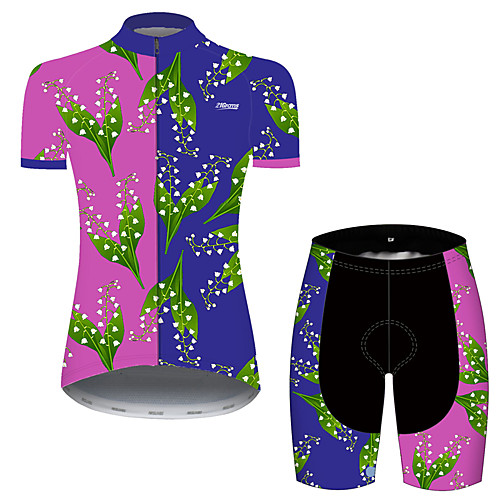 

21Grams Women's Short Sleeve Cycling Jersey with Shorts BluePink Patchwork Floral Botanical Bike Clothing Suit Breathable 3D Pad Quick Dry Ultraviolet Resistant Reflective Strips Sports Patchwork