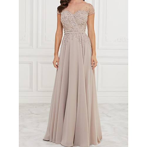 

A-Line Mother of the Bride Dress Elegant V Neck Floor Length Chiffon Lace Short Sleeve with Pleats Beading Sequin 2020