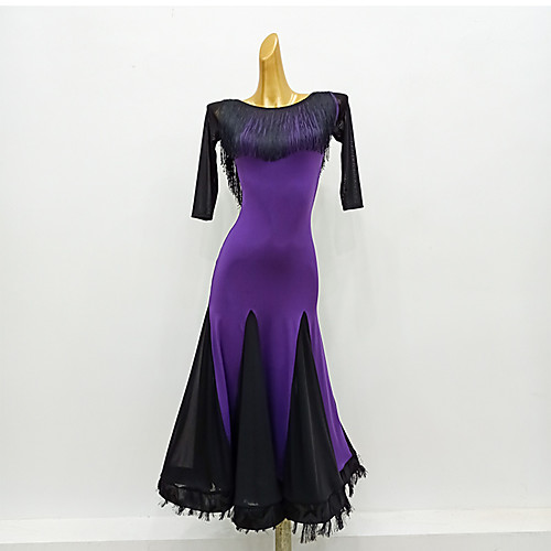 

Ballroom Dance Dress Tassel Split Joint Women's Training Performance 3/4 Length Sleeve Mesh Milk Fiber