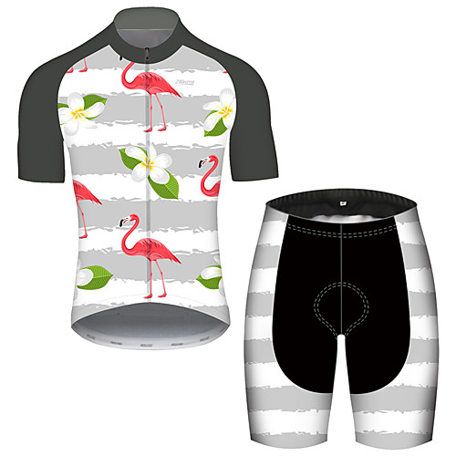 

21Grams Men's Short Sleeve Cycling Jersey with Shorts GrayWhite Flamingo Floral Botanical Animal Bike UV Resistant Quick Dry Breathable Sports Flamingo Mountain Bike MTB Road Bike Cycling Clothing