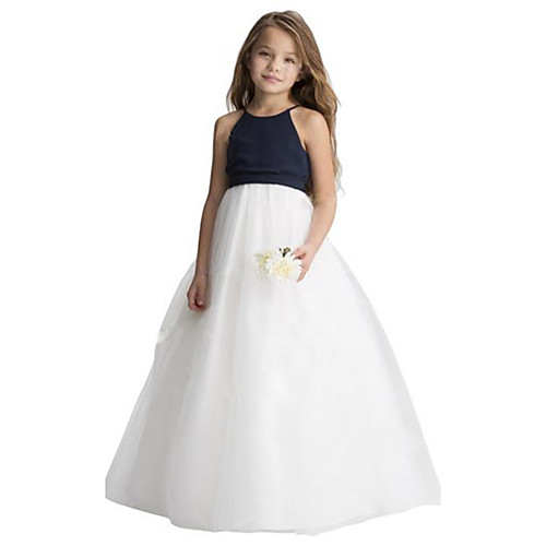 

A-Line Floor Length Party / Wedding Flower Girl Dresses - Chiffon / Tulle Sleeveless Jewel Neck with Ruching