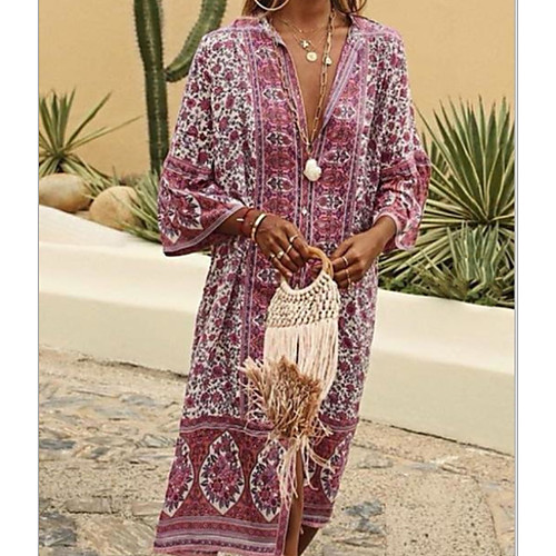 

Women's A-Line Dress Midi Dress - 3/4 Length Sleeve Geometric Summer V Neck Bohemian Boho 2020 Blue Blushing Pink Beige Light Blue S M L XL XXL XXXL XXXXL XXXXXL