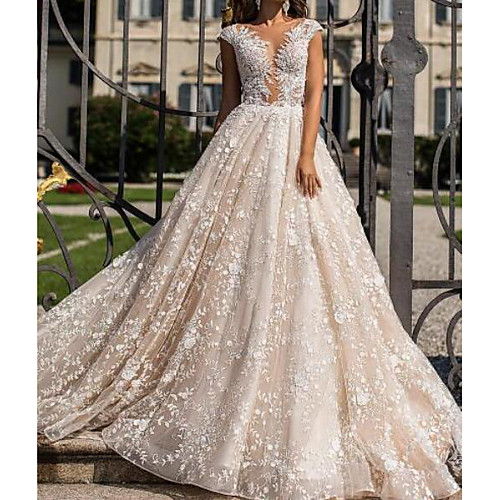 

A-Line Wedding Dresses Jewel Neck Sweep / Brush Train Lace Tulle Sleeveless Sexy See-Through with Crystals Embroidery 2020