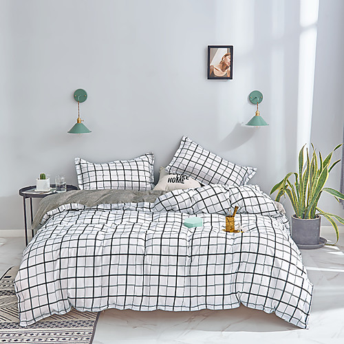 

White Grid Bedding Sets Duvet Cover Sets Plaid Cotton Bedding Black Grid White Grid Geometric Modern Pattern Printed on White with Zipper Closure