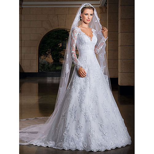 

A-Line Wedding Dresses V Neck Court Train Lace Sequined Long Sleeve Formal Sexy Illusion Sleeve with Appliques 2021