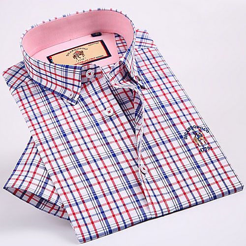 

Men's Plaid Print Shirt - Cotton Daily Button Down Collar Red / Short Sleeve