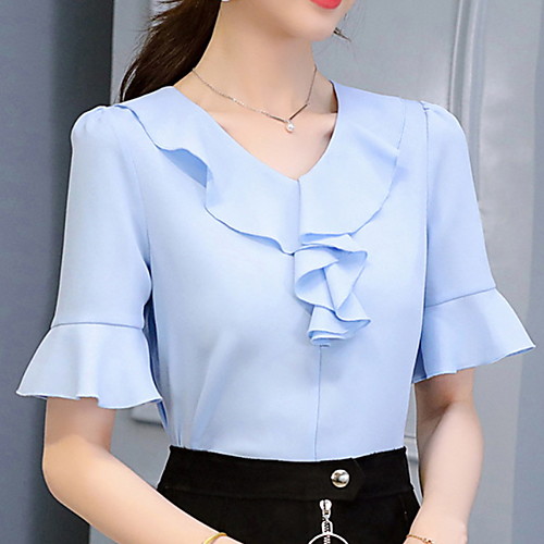 

Women's Solid Colored Blouse Daily V Neck White / Blushing Pink / Light Blue