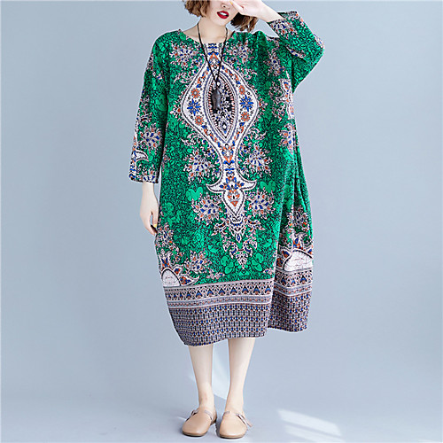 

Women's A Line Dress - 3/4 Length Sleeve Print Spring Summer Vintage Mumu Holiday Beach Loose Linen Green One-Size