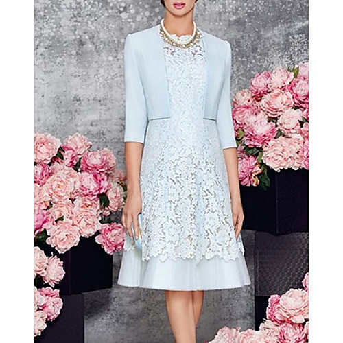 

Two Piece Sheath / Column Mother of the Bride Dress Elegant Jewel Neck Knee Length Lace Satin 3/4 Length Sleeve with Appliques 2020