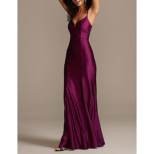 

Sheath / Column Elegant Beautiful Back Party Wear Formal Evening Dress Spaghetti Strap Sleeveless Floor Length Satin with Sleek 2020
