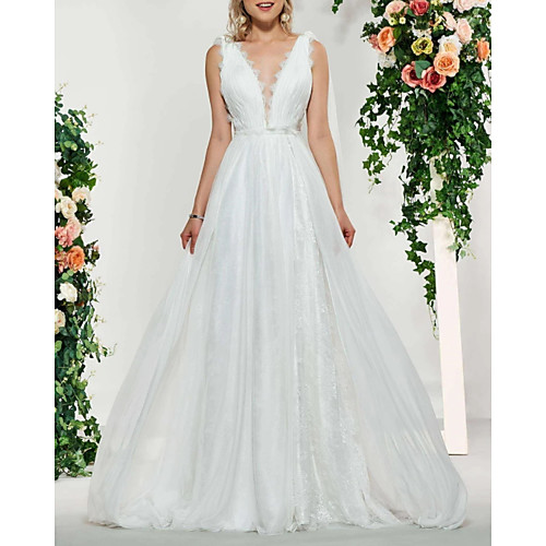 

A-Line Wedding Dresses V Neck Sweep / Brush Train Lace Tulle Sleeveless Sexy Backless with Sashes / Ribbons Embroidery 2021