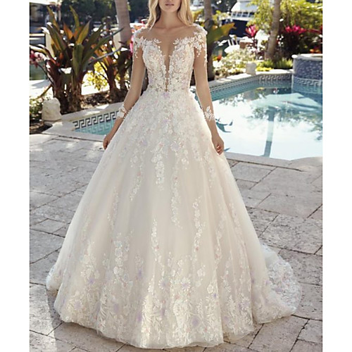 

Ball Gown A-Line Wedding Dresses Jewel Neck Sweep / Brush Train Lace Tulle Long Sleeve Formal Sexy Backless Illusion Sleeve with Embroidery Appliques 2020