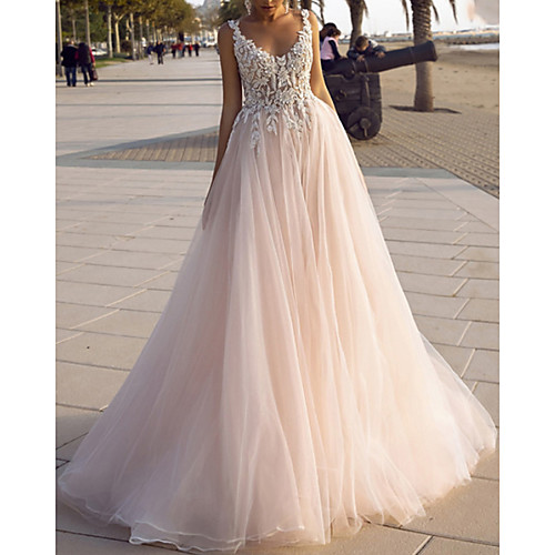 

A-Line Wedding Dresses V Neck Spaghetti Strap Sweep / Brush Train Lace Tulle Sleeveless Beach Sexy Backless with Embroidery Appliques 2021