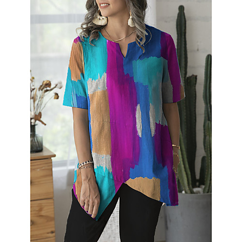 

Women's Color Block Print Shirt Daily V Neck Fuchsia