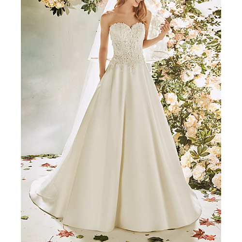 

A-Line Wedding Dresses Strapless Sweep / Brush Train Lace Satin Sleeveless Vintage Sexy Wedding Dress in Color Backless with Pleats Embroidery Appliques 2020