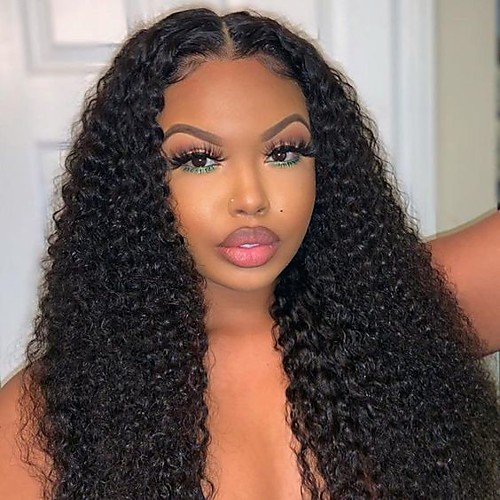 

Remy Human Hair Lace Front Wig Free Part style Indian Hair Kinky Curly Black Wig 130% 150% Density with Baby Hair Lace Natural Hairline with Clip curling Women's Long Human Hair Lace Wig WoWEbony