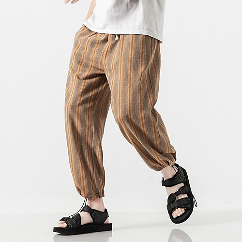 

Men's Sporty Chinoiserie Loose Chinos Pants - Striped Drawstring Comfort Cotton Khaki Brown Gray US32 / UK32 / EU40 / US34 / UK34 / EU42