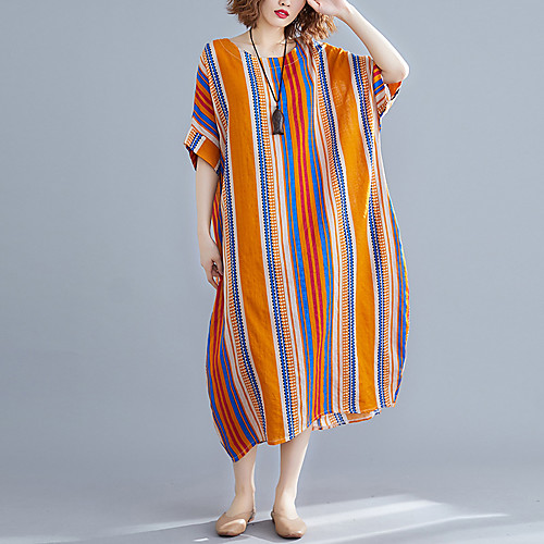 

Women's Plus Size A Line Dress - Half Sleeve Striped Patchwork Spring Summer Casual Vintage Daily Weekend Loose 2020 Orange One-Size / Cotton