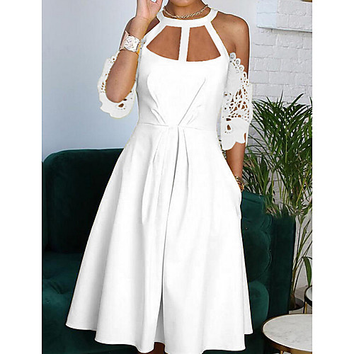 

Women's A-Line Dress Midi Dress - Short Sleeves Solid Color Summer Formal 2020 White Yellow S M L XL