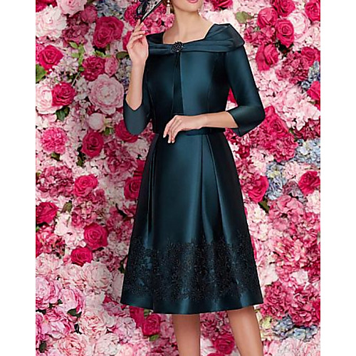 

Two Piece A-Line Mother of the Bride Dress Elegant Jewel Neck Knee Length Lace Satin Tulle 3/4 Length Sleeve with Sash / Ribbon Pleats Appliques 2021