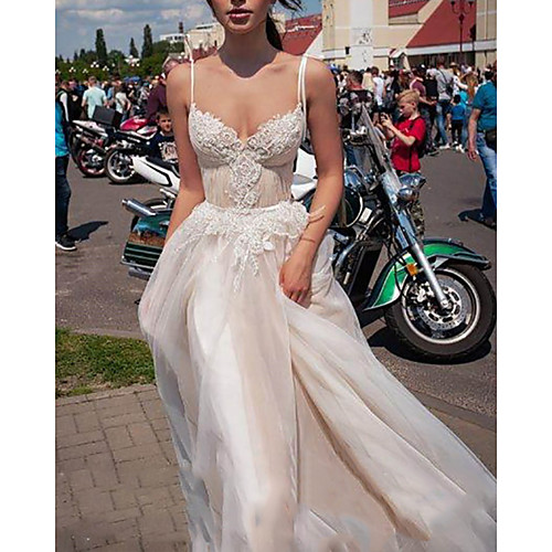 

A-Line Wedding Dresses Spaghetti Strap Sweep / Brush Train Lace Tulle Sleeveless Beach Boho Sexy with Embroidery 2020