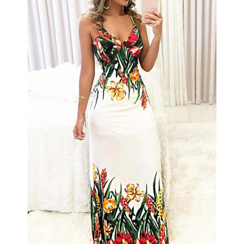 

Women's Strap Dress Maxi long Dress White Sleeveless Floral Summer Elegant 2021 S M L XL