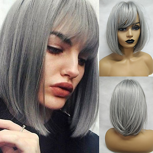 

Synthetic Wig Straight Matte Bob Neat Bang Wig Medium Length Grey Synthetic Hair 14 inch Women's Simple Classic Gray