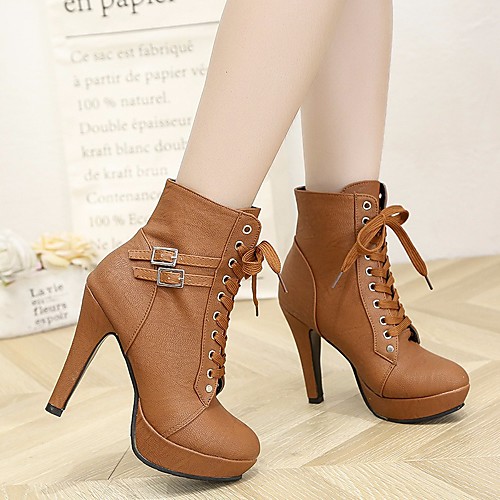 

Women's Boots Spring & Fall Stiletto Heel Round Toe Daily PU Black / Brown / Beige