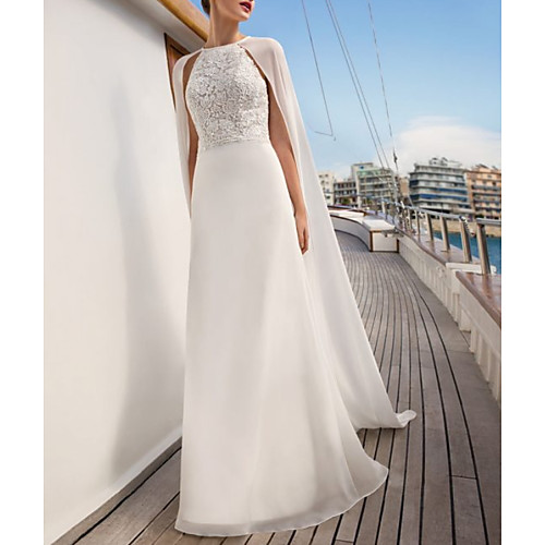 

Two Piece A-Line Wedding Dresses Jewel Neck Sweep / Brush Train Chiffon Lace Sleeveless Sexy Backless Cape with Embroidery 2020