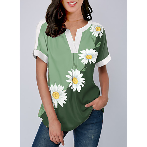 

Women's Tops Color Block Graphic Daisy Blouse - Print Round Neck Basic Daily Green M L XL 2XL 3XL