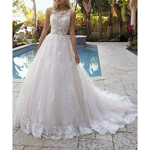 

A-Line Wedding Dresses Jewel Neck Court Train Lace Tulle Sleeveless Formal Sexy See-Through with Embroidery 2020