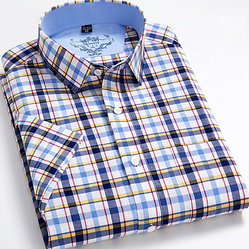 

Men's Shirt Plaid Print Short Sleeve Daily Tops Navy Blue