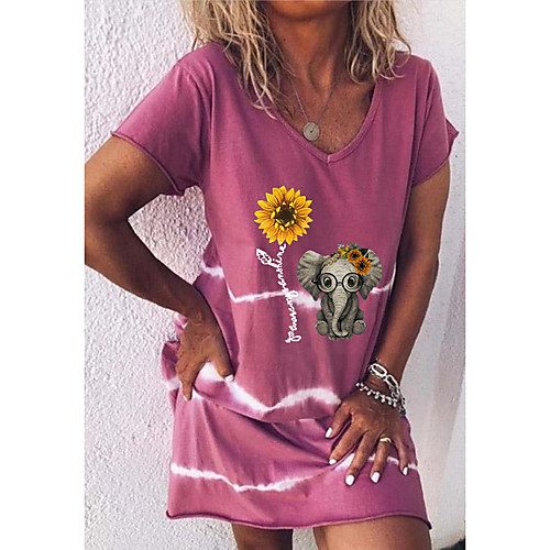 

Women's T Shirt Dress Tee Dress Knee Length Dress Purple Red Yellow Green Light Blue Short Sleeve Print Animal Summer V Neck Casual 2021 S M L XL XXL 3XL 4XL 5XL