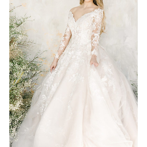 

A-Line Wedding Dresses V Neck Court Train Lace Tulle Chiffon Over Satin Long Sleeve Formal Sexy Illusion Sleeve with Embroidery 2020