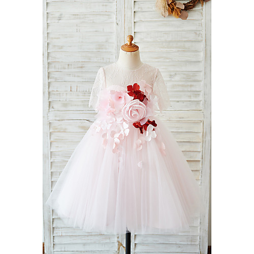

Ball Gown Knee Length Wedding / Birthday Flower Girl Dresses - Lace / Tulle Sleeveless Jewel Neck with Petal / Pearls