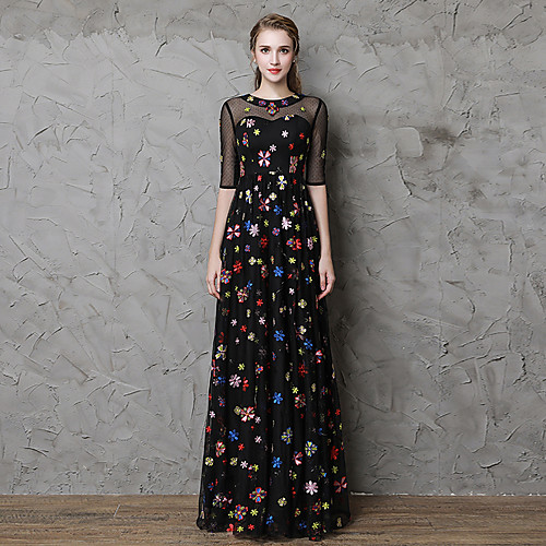 

A-Line Floral Black Party Wear Formal Evening Dress Jewel Neck Half Sleeve Floor Length Lace Tulle with Embroidery 2020