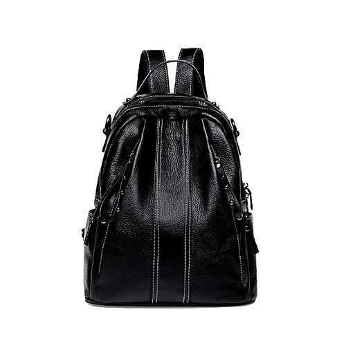 

Adjustable Cowhide Zipper School Bag Commuter Backpack Solid Color Daily Black