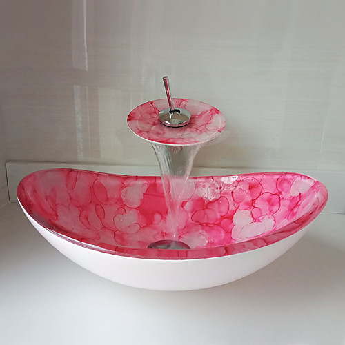 

Boat Shape Pink Tempered Glass Vessel Sink with Waterfall Faucet Pop - Up Drain and Mounting Ring