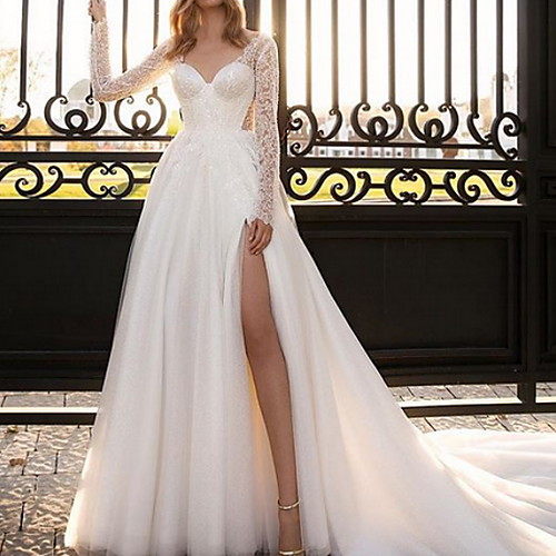 

A-Line Wedding Dresses V Neck Court Train Lace Satin Tulle Long Sleeve Country Sexy See-Through with Split Front 2020