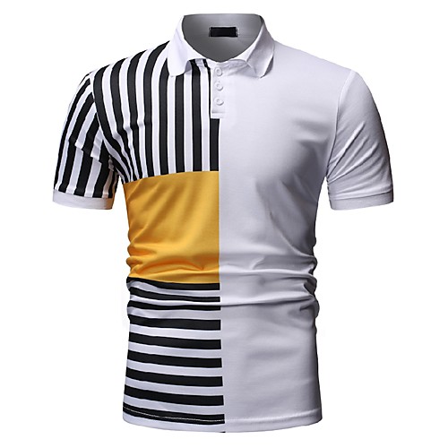 

Men's Polo Striped Color Block Print Short Sleeve Work Tops Business White Black