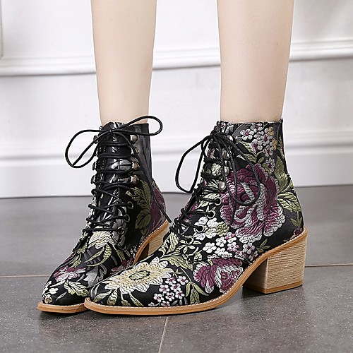 

Women's Boots Spring Cuban Heel Pointed Toe Daily PU Mid-Calf Boots Black / Red