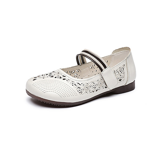 

Women's Sandals Flat Sandals 2020 Leather Sandals Summer Flat Heel Round Toe Vintage Chinoiserie Daily Outdoor Buckle Leather / Nappa Leather Walking Shoes White / Gray / Coffee