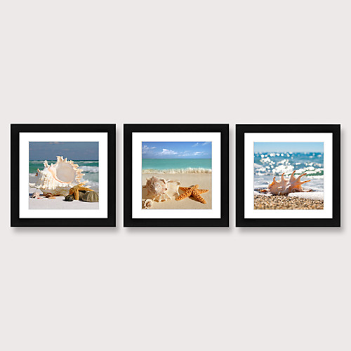 

Framed Art Print Framed Set 3 - Blue Mediterranean Beach View Wall Art