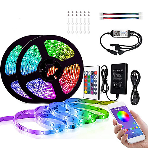 

10M (2 x 5M) Bluetooth LED Strip Lights RGB Tiktok Lights 5050 300 LEDs Smart-Phone Controlled for Home Outdoor Decoration 12V 6A Adapter