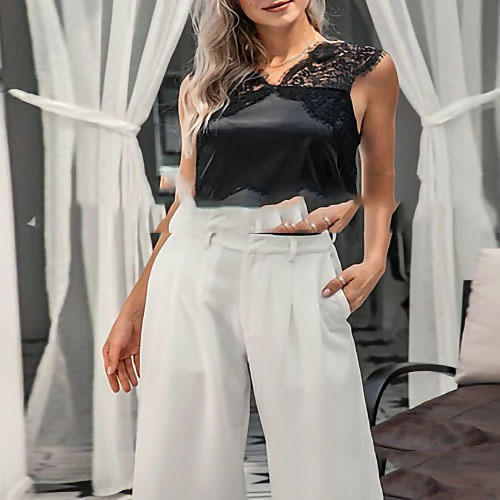 

Women's Solid Colored Lace Loose Camisole Daily V Neck Black